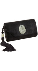 1980s Faux Jade Black Suede Tassel Evening Bag