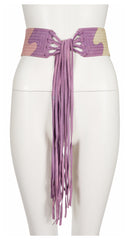 1970s Pastel Suede Puzzle Piece Fringe Tie Belt