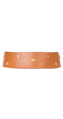 1990s Gold Charm Tan Leather Wide Waist Belt