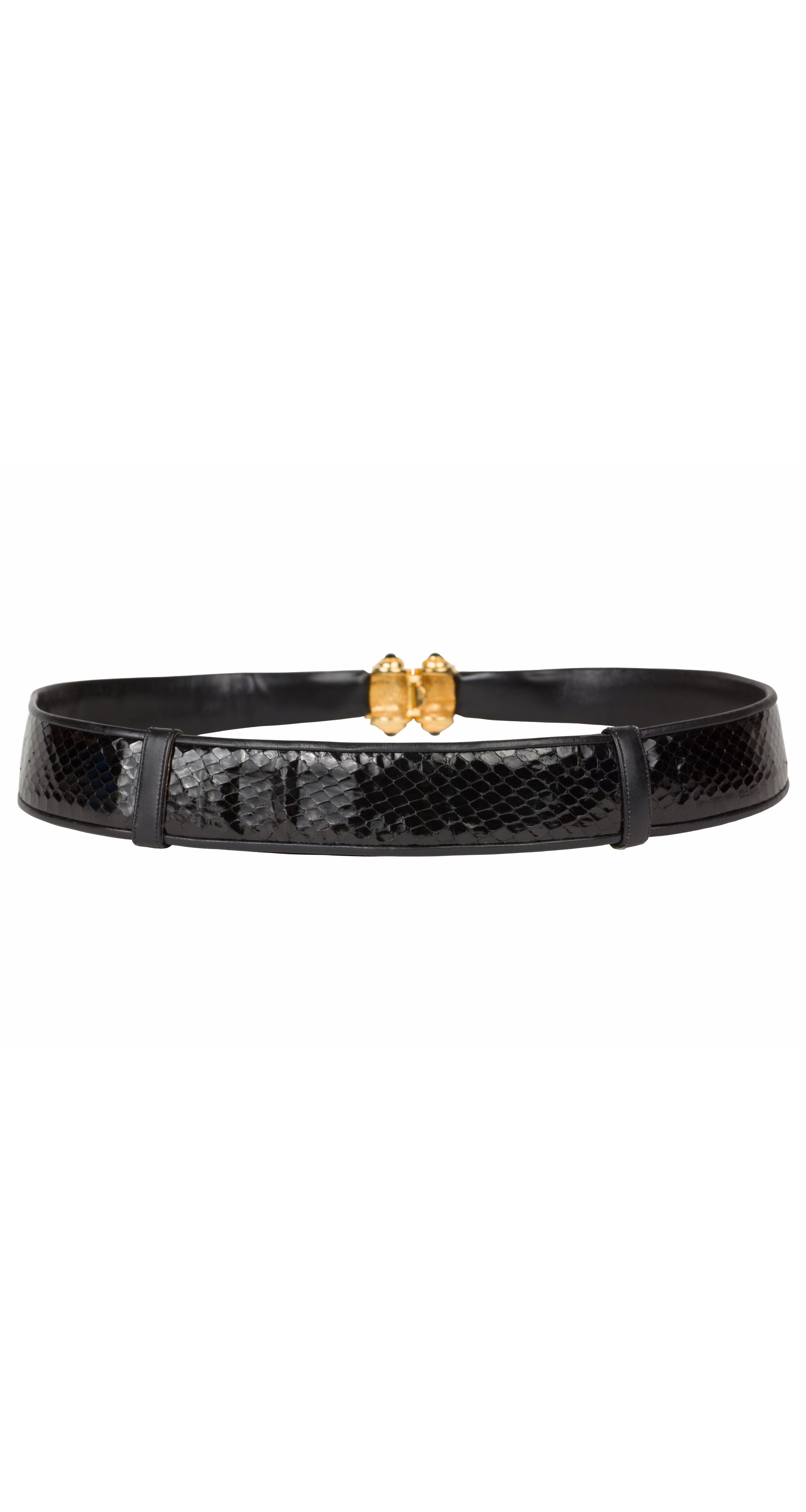 Judith Leiber 1980s Gold Spiral Buckle Black Snakeskin Adjustable Belt –  Featherstone Vintage