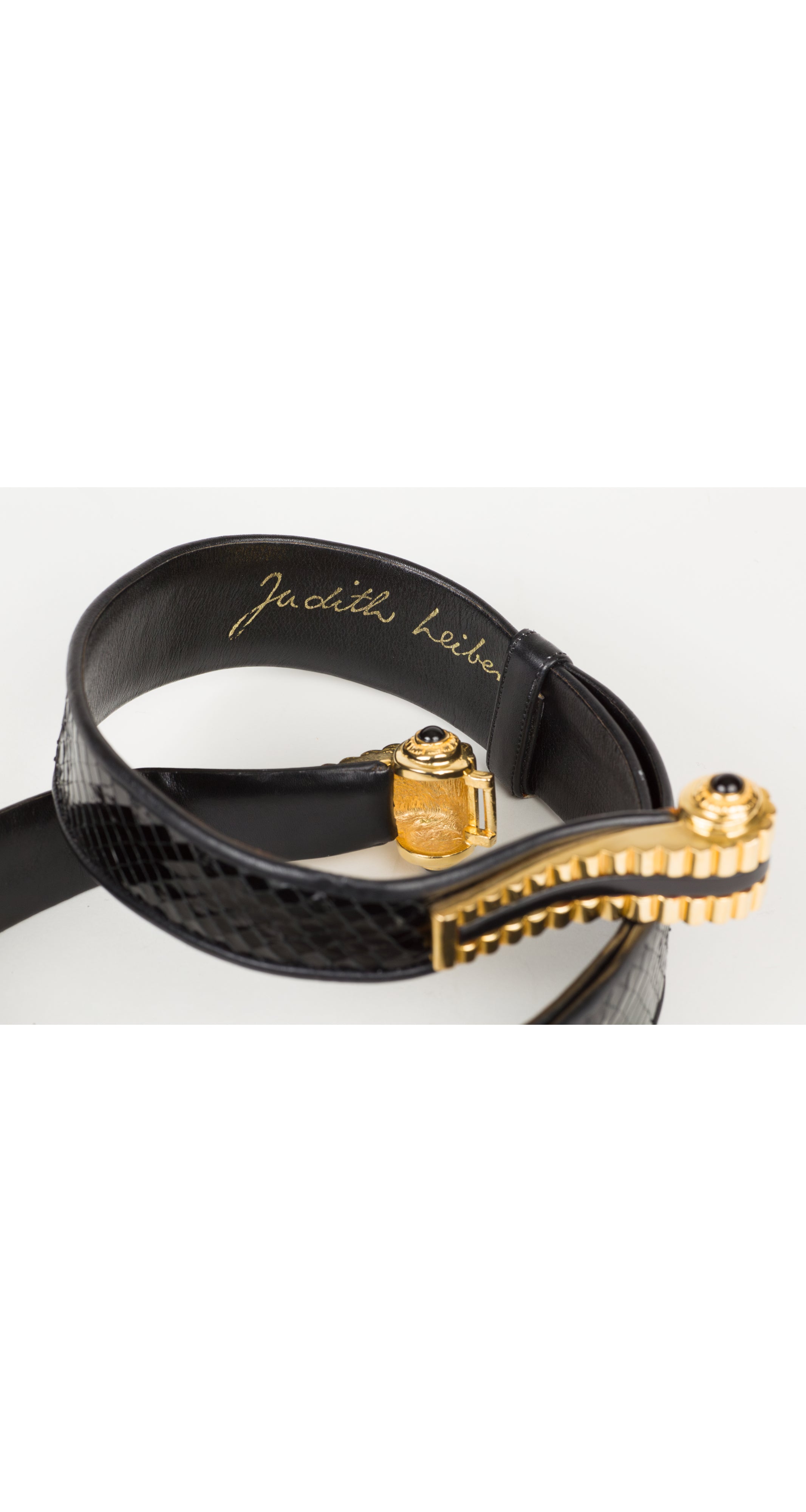 Judith Leiber 1980s Gold Spiral Buckle Black Snakeskin Adjustable Belt –  Featherstone Vintage