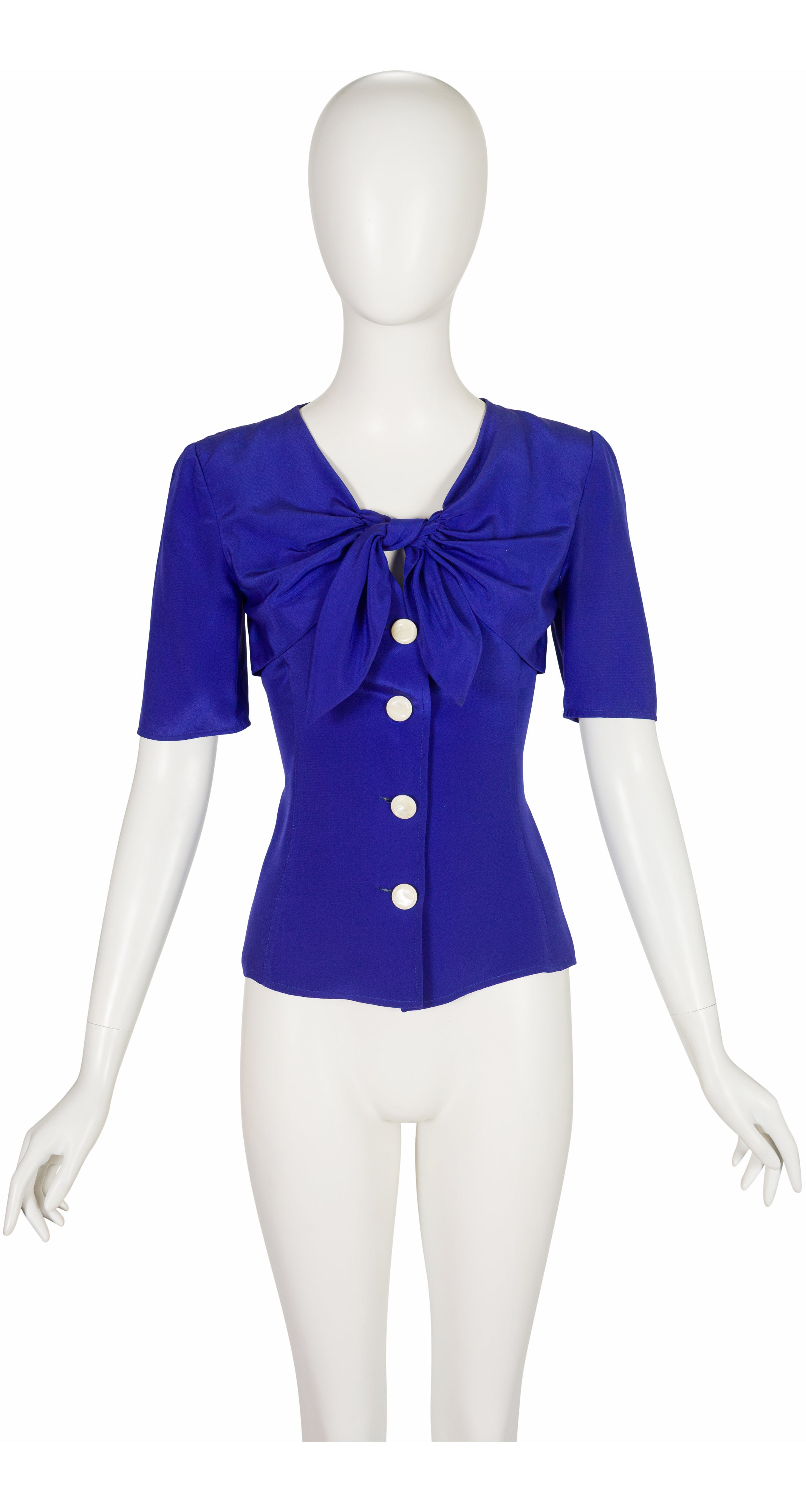 1990s Indigo Silk Tie V-Neck Short Sleeve Top