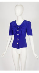 1990s Indigo Silk Tie V-Neck Short Sleeve Top