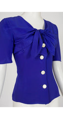 1990s Indigo Silk Tie V-Neck Short Sleeve Top