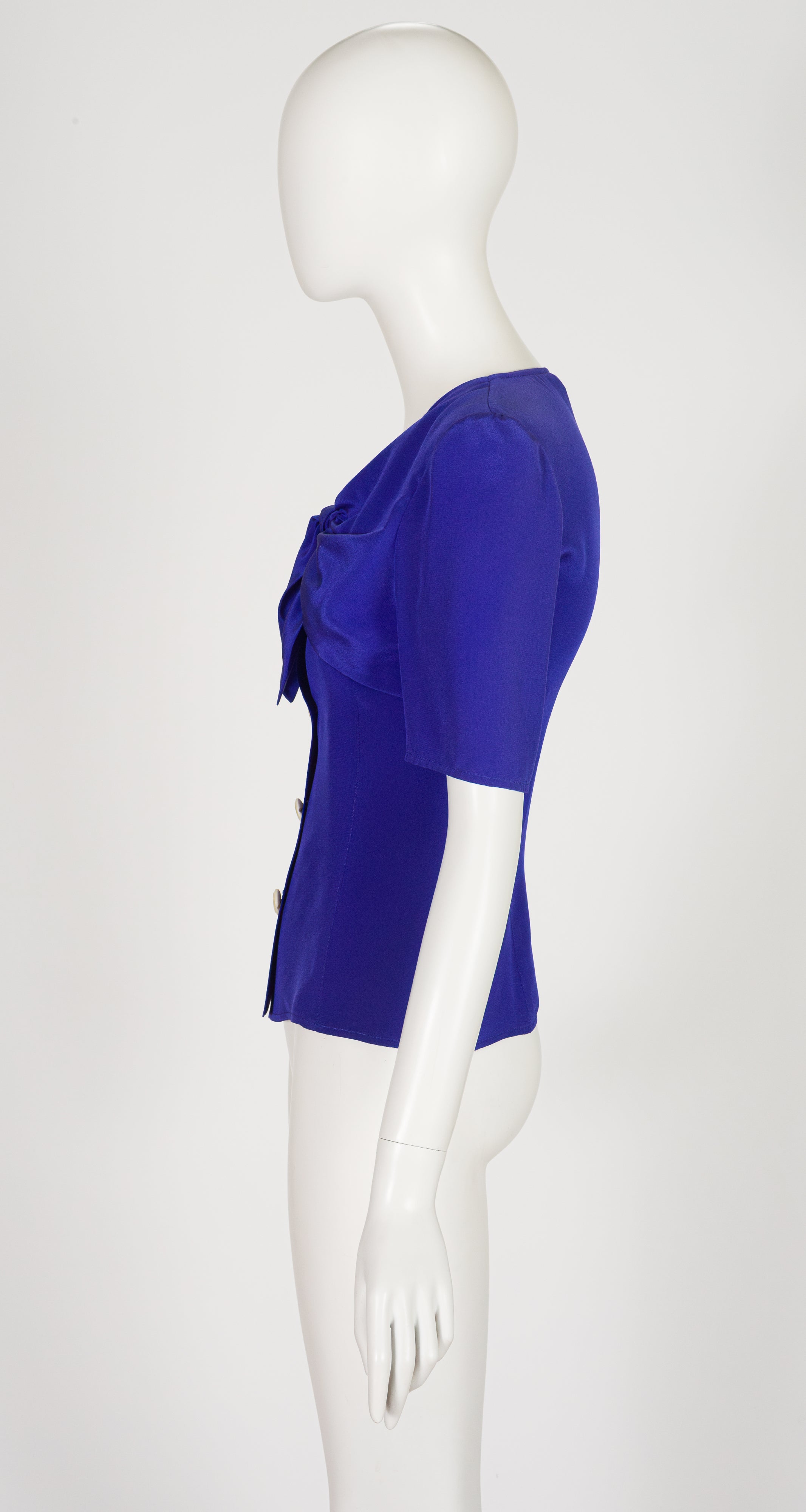 1990s Indigo Silk Tie V-Neck Short Sleeve Top