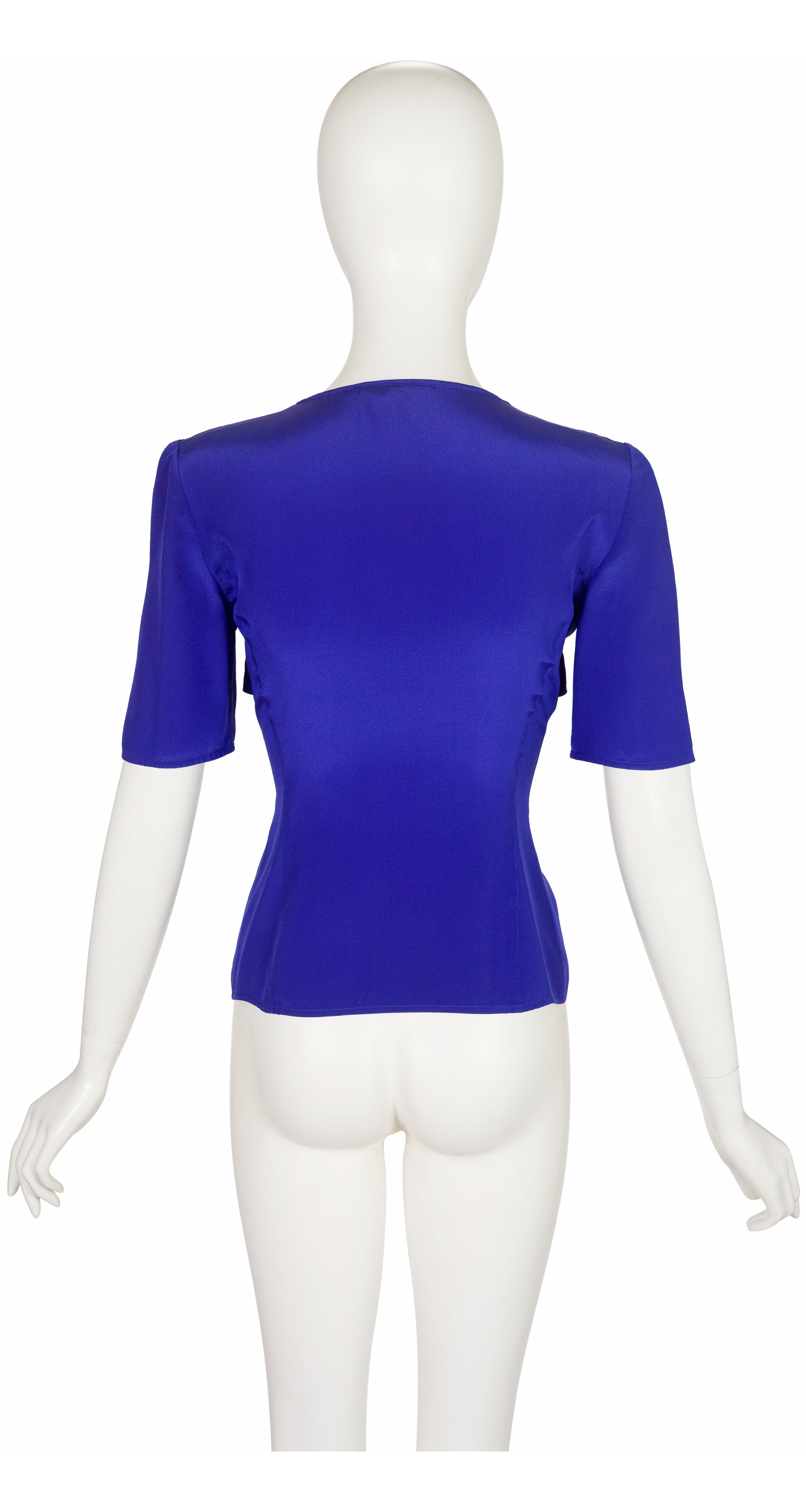 1990s Indigo Silk Tie V-Neck Short Sleeve Top