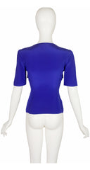 1990s Indigo Silk Tie V-Neck Short Sleeve Top