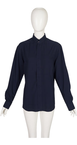 1980s Men's Navy Vicose Snap-Up Dress Shirt