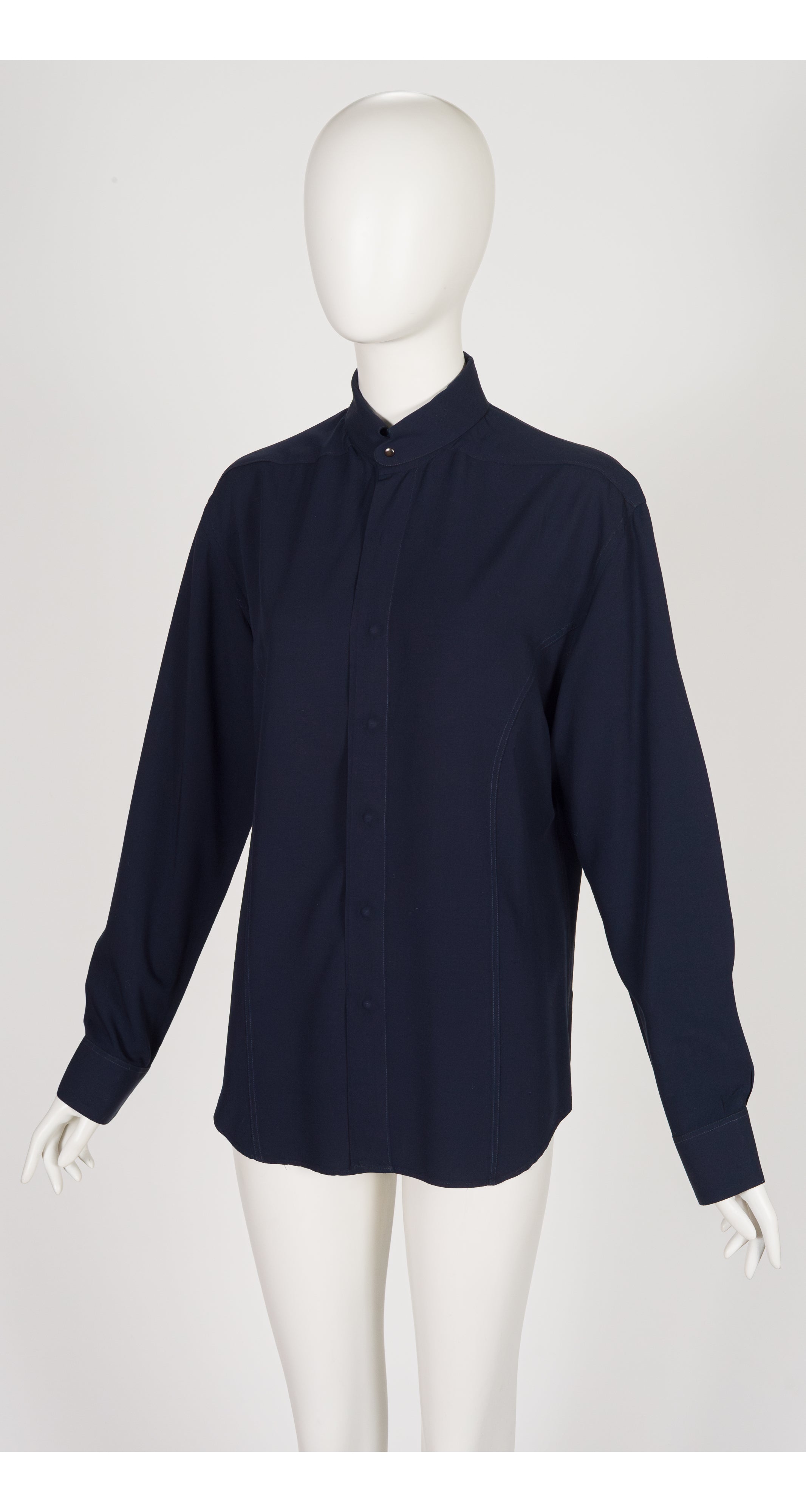 1980s Men's Navy Vicose Snap-Up Dress Shirt