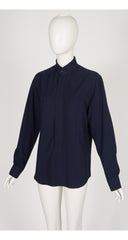 1980s Men's Navy Vicose Snap-Up Dress Shirt