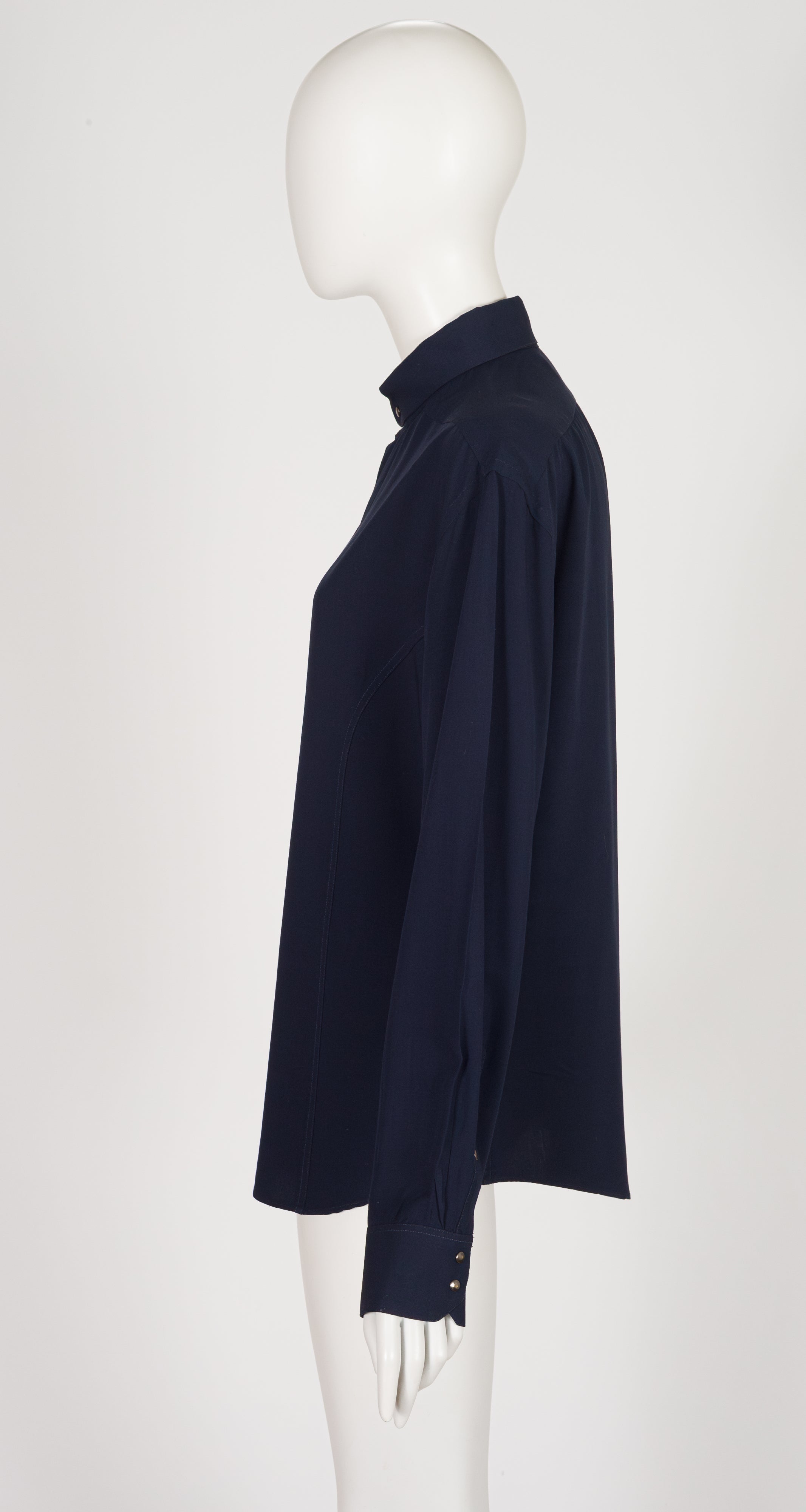 1980s Men's Navy Vicose Snap-Up Dress Shirt
