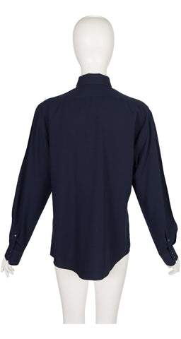 1980s Men's Navy Vicose Snap-Up Dress Shirt