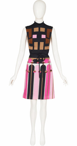 1960s Mod Geometric Print Jersey Belted Shift Dress