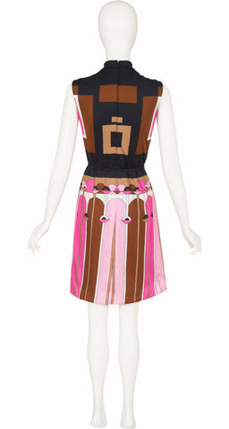 1960s Mod Geometric Print Jersey Belted Shift Dress