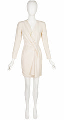 1990s Cream Silk Faux Wrap Dress