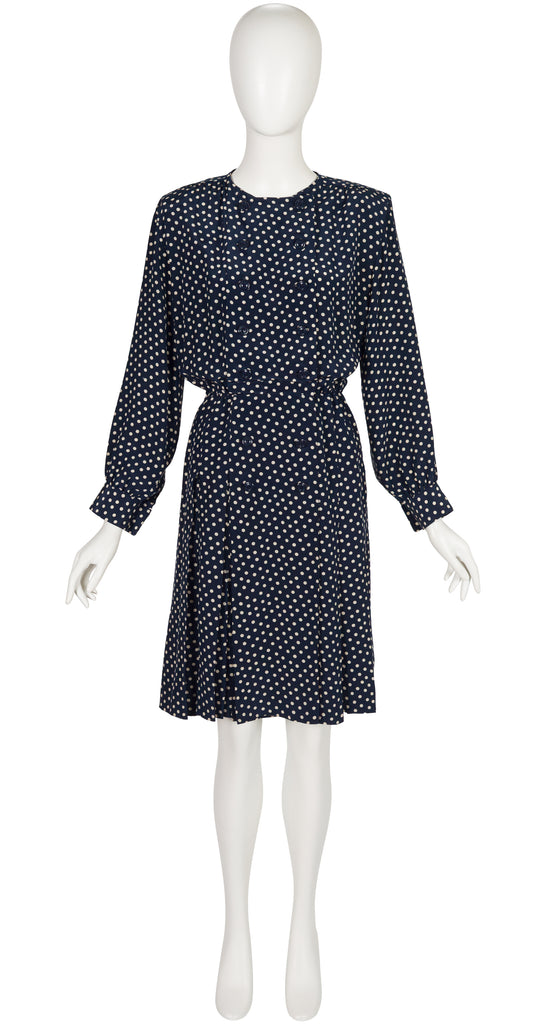 Yves Saint Laurent 1984 S/S Polka Dot Navy Silk Double-Breasted Dress   Featherstone Vintage