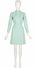 1960s Aqua Wool Jabot Tie Long Sleeve Dress