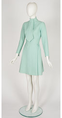 1960s Aqua Wool Jabot Tie Long Sleeve Dress