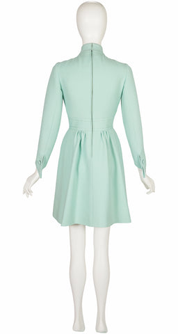 1960s Aqua Wool Jabot Tie Long Sleeve Dress