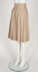 1980s Beige Linen Pleated Knee-Length Skirt