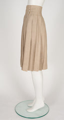 1980s Beige Linen Pleated Knee-Length Skirt