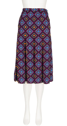 1970s Geometric Print Wool Challis Pleated Skirt