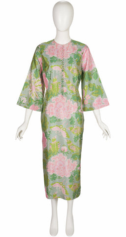 1970s Floral Bird Print Green Thai Silk Caftan