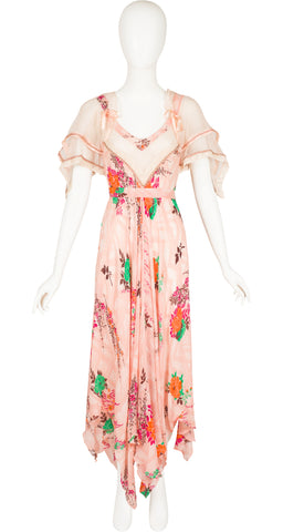 1970s Pink Floral Print Handkerchief Hem Dress