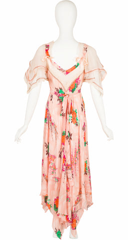 1970s Pink Floral Print Handkerchief Hem Dress