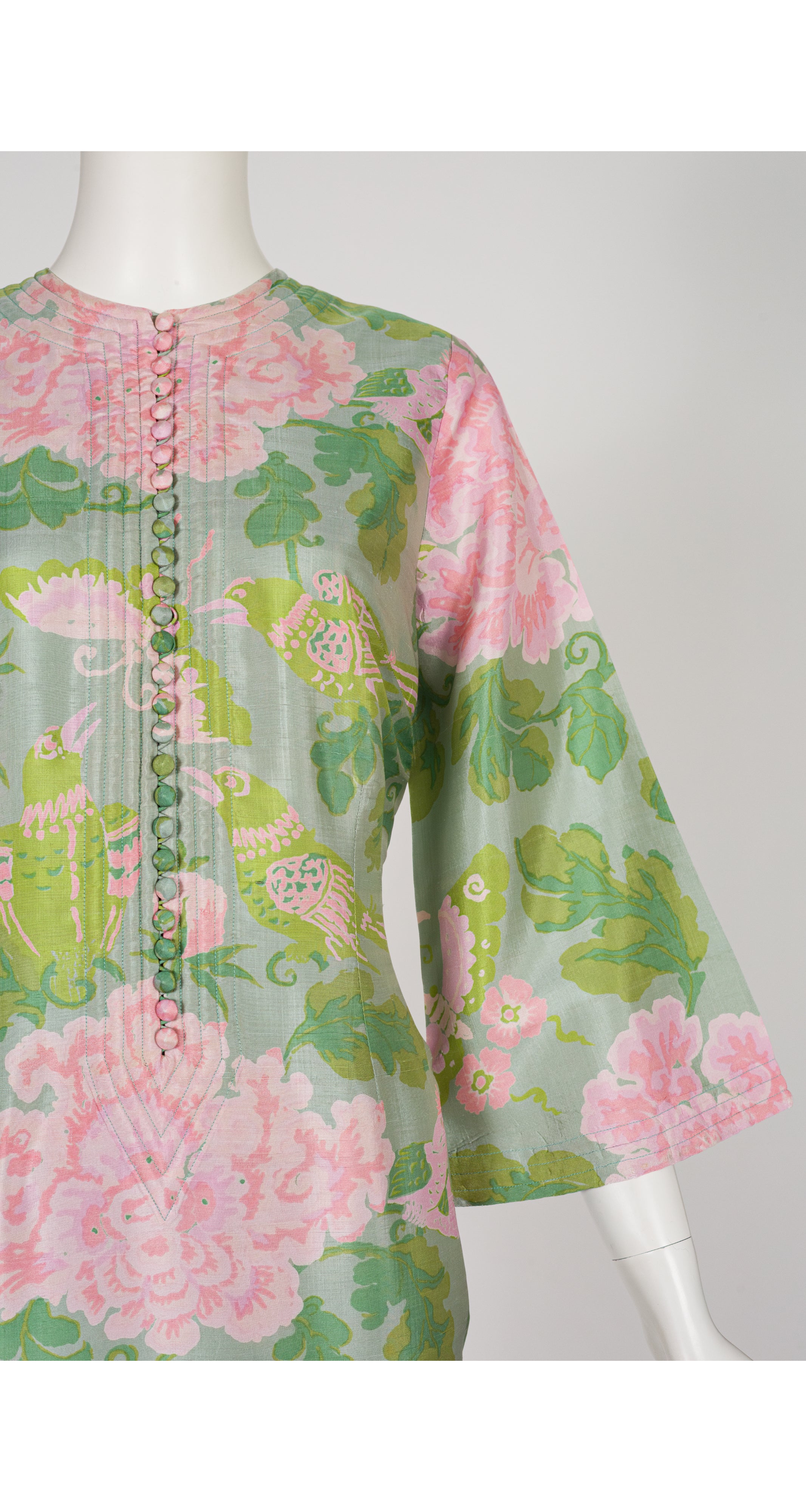 1970s Floral Bird Print Green Thai Silk Caftan