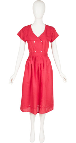 1970s Red Linen Pleated Sailor Collar Dress