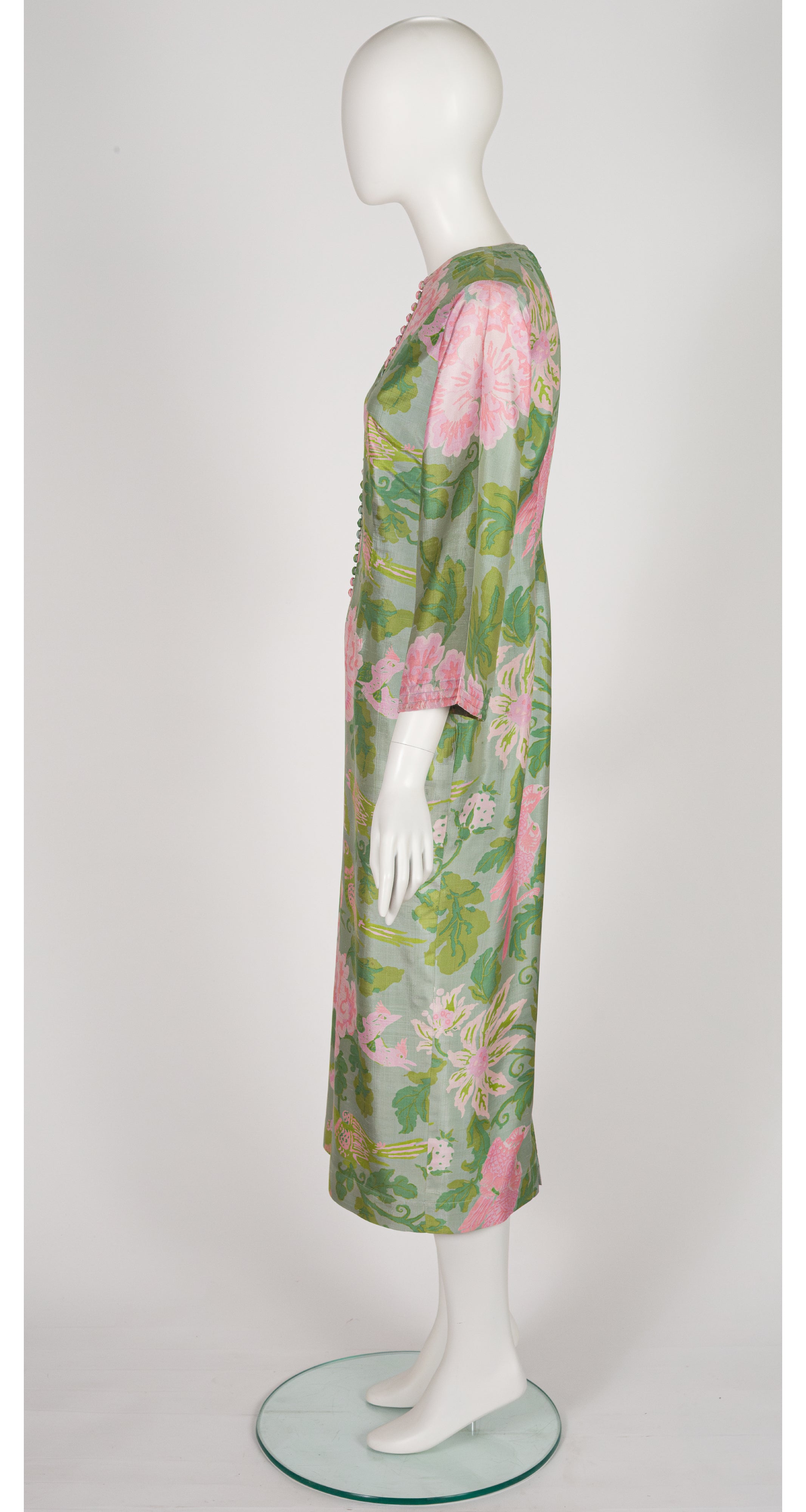1970s Floral Bird Print Green Thai Silk Caftan