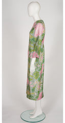1970s Floral Bird Print Green Thai Silk Caftan