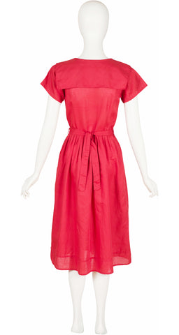 1970s Red Linen Pleated Sailor Collar Dress