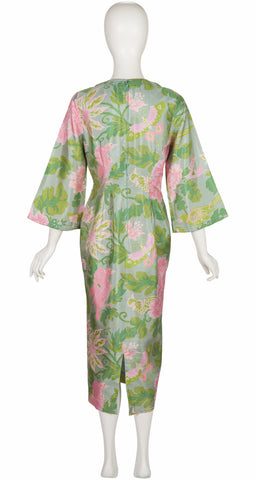 1970s Floral Bird Print Green Thai Silk Caftan