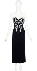 1980s Silver Appliqué Black Velvet Bustier Gown