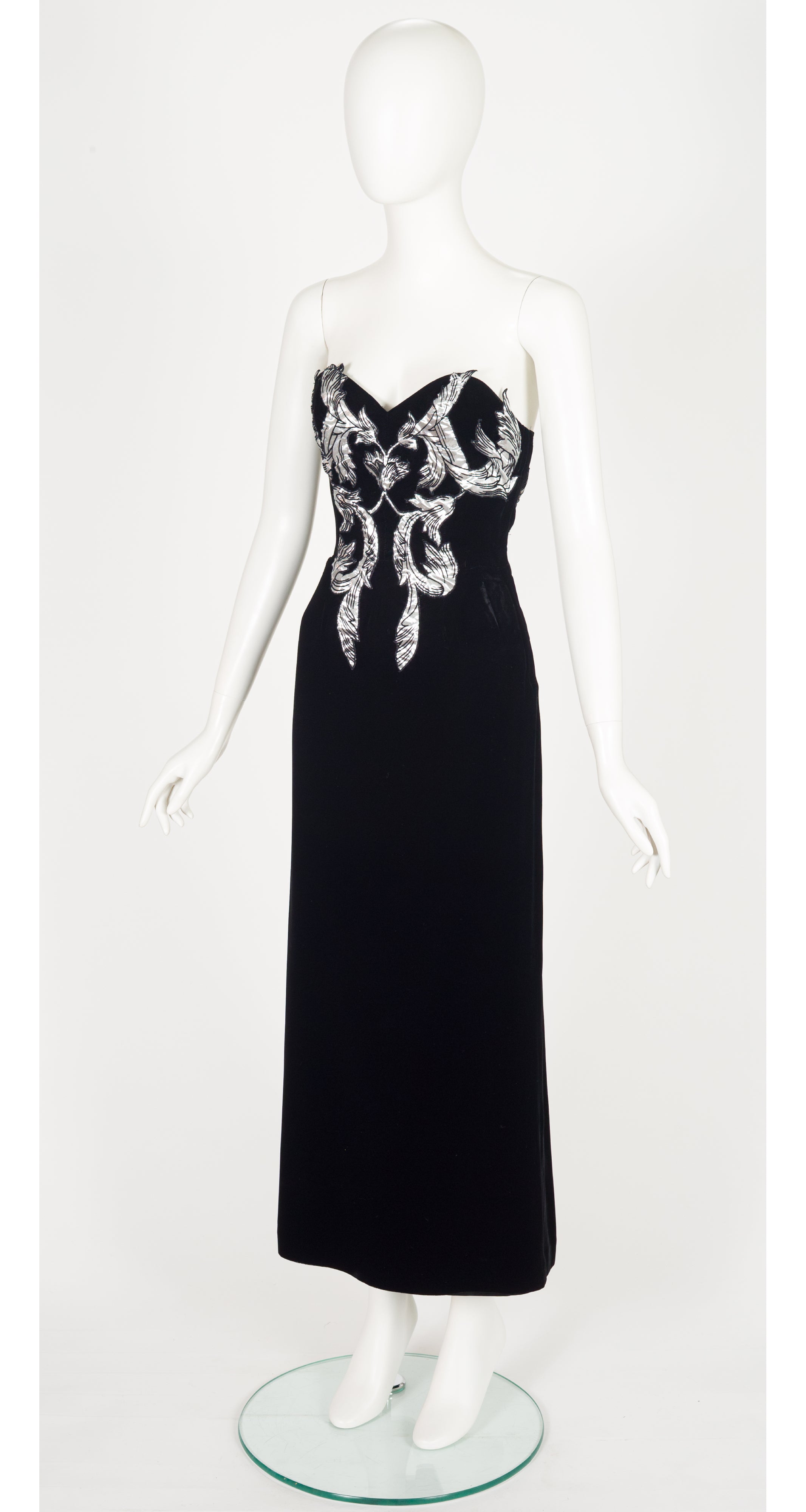 1980s Silver Appliqué Black Velvet Bustier Gown