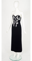 1980s Silver Appliqué Black Velvet Bustier Gown