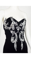 1980s Silver Appliqué Black Velvet Bustier Gown