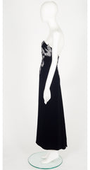 1980s Silver Appliqué Black Velvet Bustier Gown