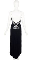 1980s Silver Appliqué Black Velvet Bustier Gown