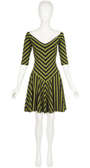 1990s Green & Black Striped Jersey Skater Mini Dress