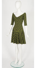 1990s Green & Black Striped Jersey Skater Mini Dress