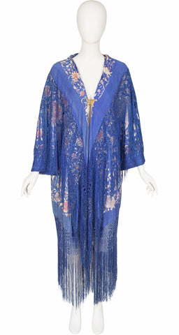 1920s Floral Embroidered Periwinkle Silk Fringe Piano Shawl Duster