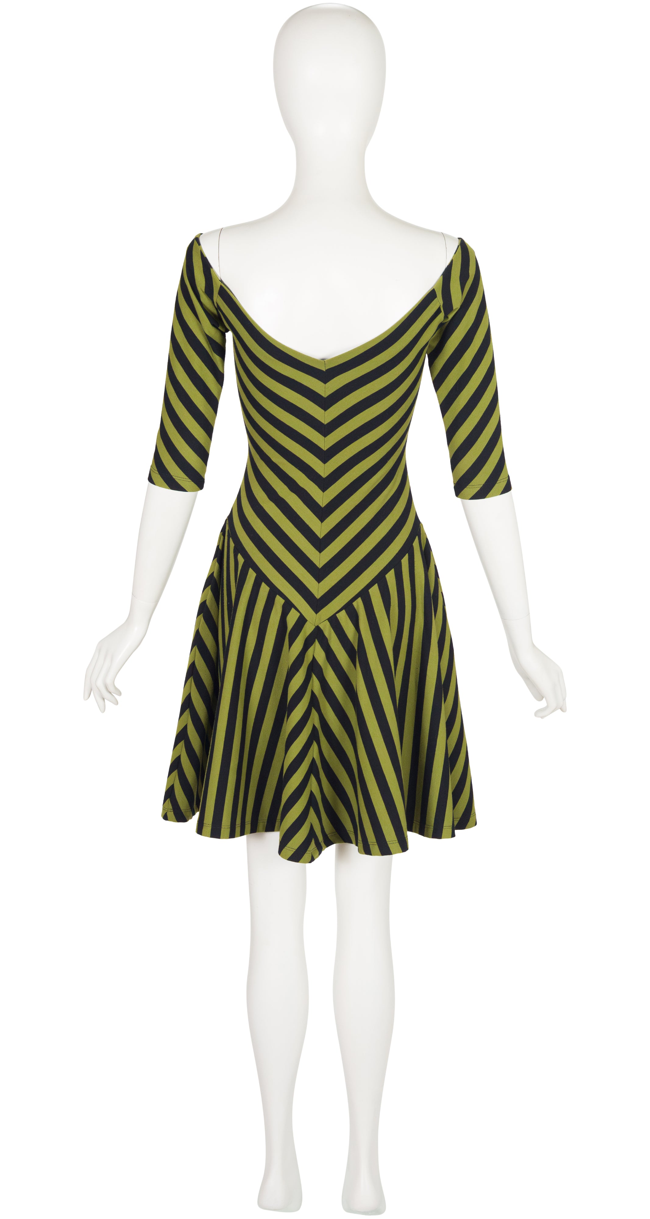 1990s Green & Black Striped Jersey Skater Mini Dress