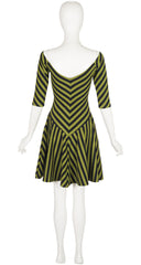 1990s Green & Black Striped Jersey Skater Mini Dress