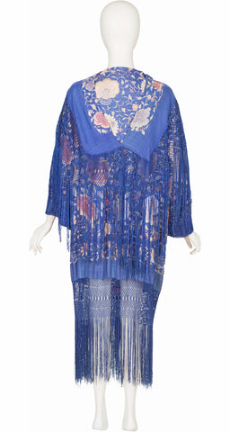 1920s Floral Embroidered Periwinkle Silk Fringe Piano Shawl Duster