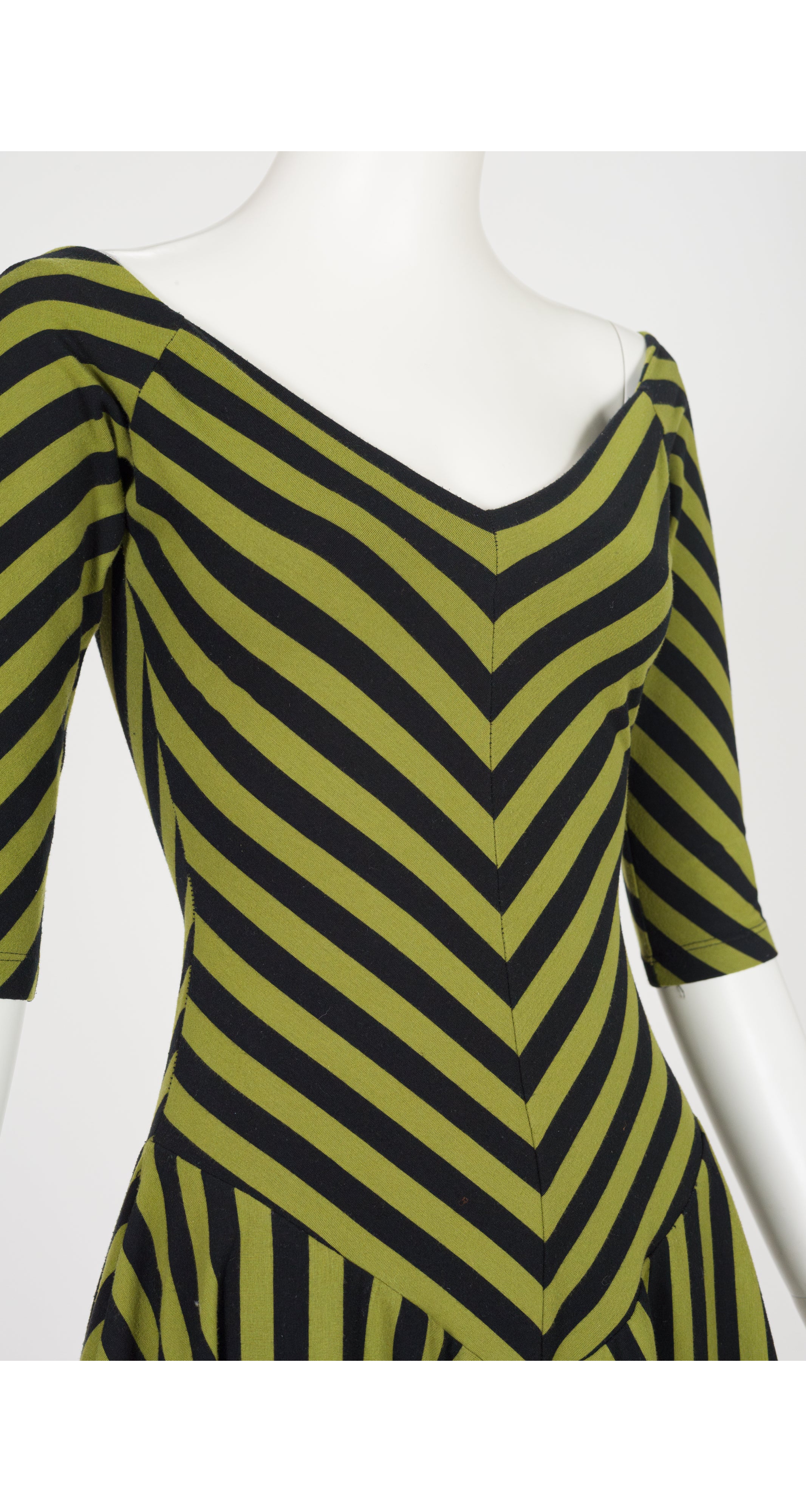 1990s Green & Black Striped Jersey Skater Mini Dress