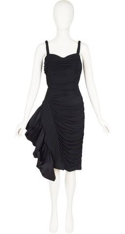 1950s Black Ruched Rayon Jersey Cocktail Dress