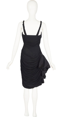 1950s Black Ruched Rayon Jersey Cocktail Dress
